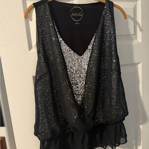 INC International Concepts Black and Silver Sequin Ruffled Tank Top